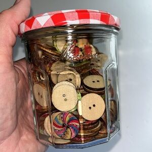 Jar of Assorted Wooden Buttons Crafting Sewing Teacher